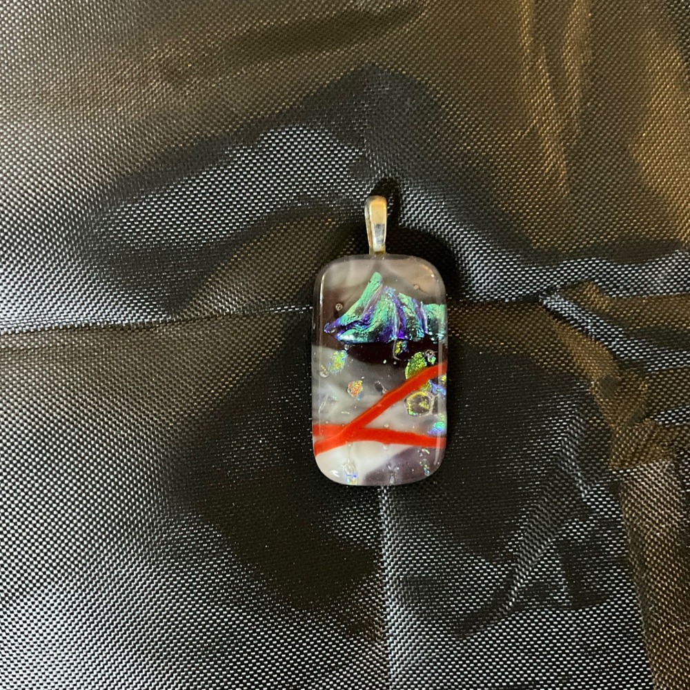 Handmade Dichroic Fused Glass Pendant Mountain Red Accents‎ Silver Tone Bail